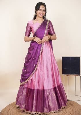 Beautiful South Indian Style Semi-Stitched Half Saree with Blouse and Rangoli Dupatta for Women 1