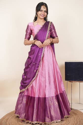 Beautiful South Indian Style Semi-Stitched Half Saree with Blouse and Rangoli Dupatta for Women