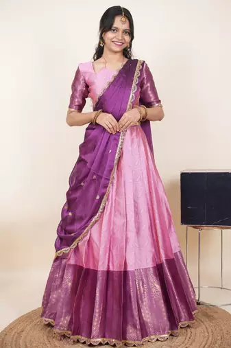Beautiful South Indian Style Semi-Stitched Half Saree with Blouse and Rangoli Dupatta for Women