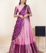Beautiful South Indian Style Semi-Stitched Half Saree with Blouse and Rangoli Dupatta for Women