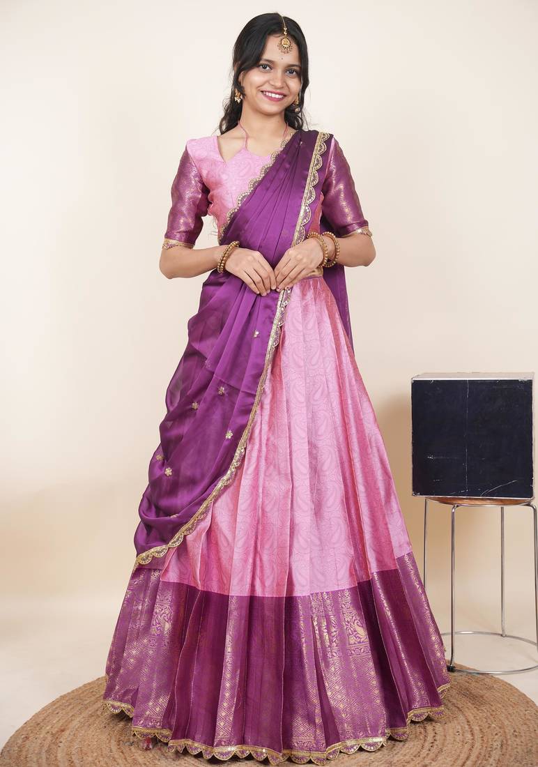 Beautiful South Indian Style Semi-Stitched Half Saree with Blouse and Rangoli Dupatta for Women