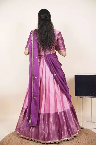 Beautiful South Indian Style Semi-Stitched Half Saree with Blouse and Rangoli Dupatta for Women