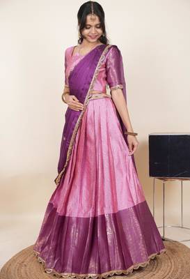 Beautiful South Indian Style Semi-Stitched Half Saree with Blouse and Rangoli Dupatta for Women 3