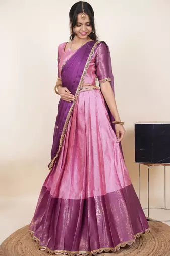 Beautiful South Indian Style Semi-Stitched Half Saree with Blouse and Rangoli Dupatta for Women