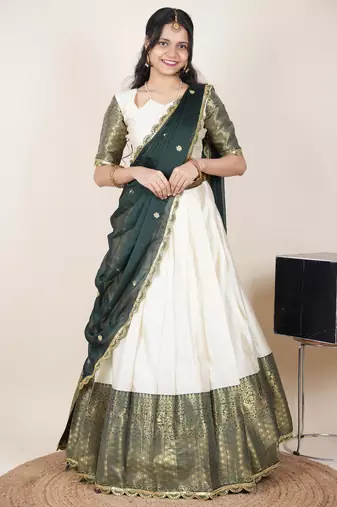 Beautiful South Indian Style Semi-Stitched Half Saree with Blouse and Rangoli Dupatta for Women