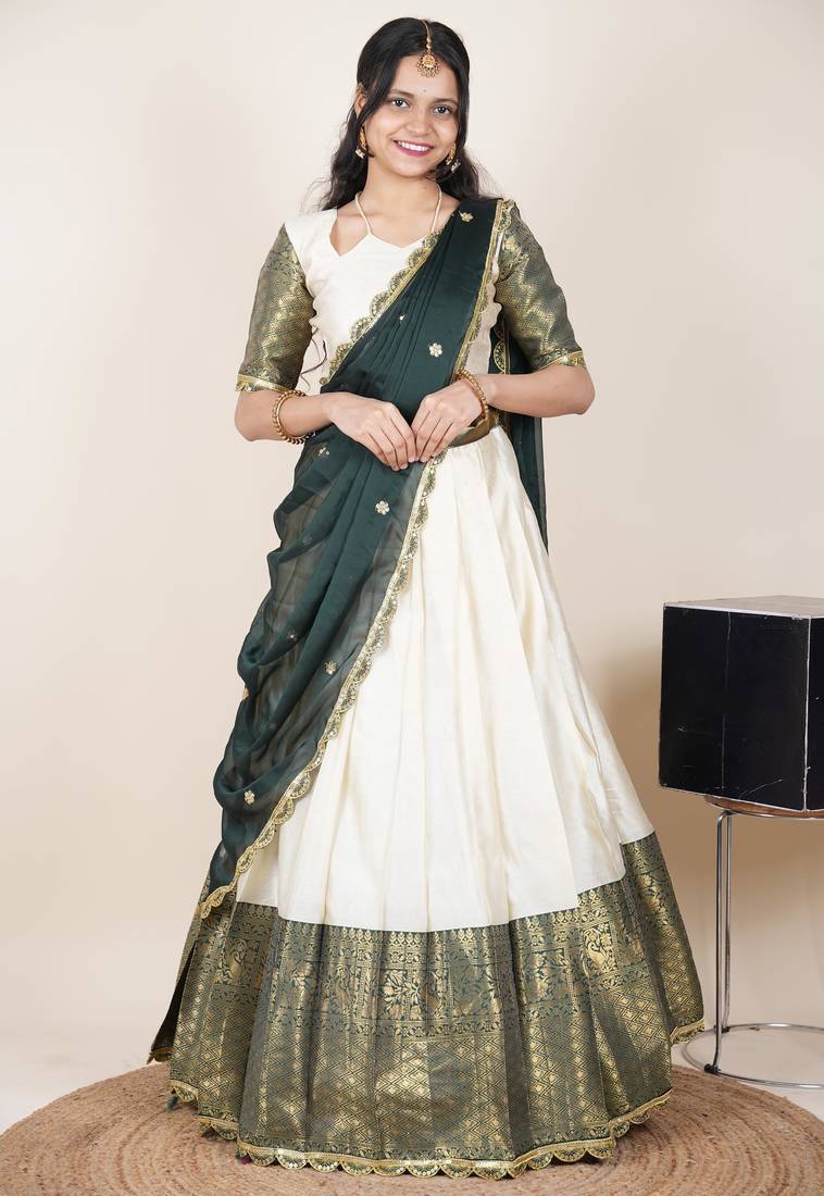 Beautiful South Indian Style Semi-Stitched Half Saree with Blouse and Rangoli Dupatta for Women