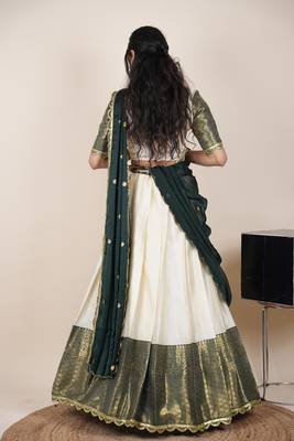 Beautiful South Indian Style Semi-Stitched Half Saree with Blouse and Rangoli Dupatta for Women 2