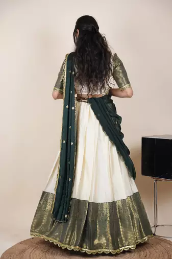 Beautiful South Indian Style Semi-Stitched Half Saree with Blouse and Rangoli Dupatta for Women