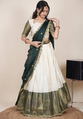 Beautiful South Indian Style Semi-Stitched Half Saree with Blouse and Rangoli Dupatta for Women 3