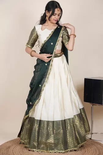 Beautiful South Indian Style Semi-Stitched Half Saree with Blouse and Rangoli Dupatta for Women