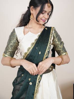 Beautiful South Indian Style Semi-Stitched Half Saree with Blouse and Rangoli Dupatta for Women 4