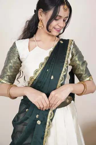 Beautiful South Indian Style Semi-Stitched Half Saree with Blouse and Rangoli Dupatta for Women