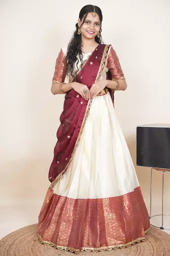 Beautiful South Indian Style Semi-Stitched Half Saree with Blouse and Rangoli Dupatta for Women
