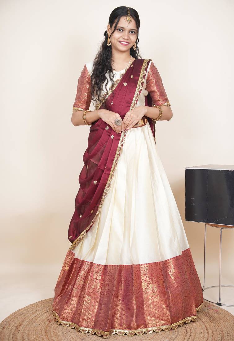 Beautiful South Indian Style Semi-Stitched Half Saree with Blouse and Rangoli Dupatta for Women