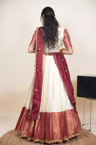 Beautiful South Indian Style Semi-Stitched Half Saree with Blouse and Rangoli Dupatta for Women