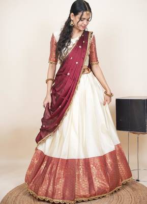 Beautiful South Indian Style Semi-Stitched Half Saree with Blouse and Rangoli Dupatta for Women 3