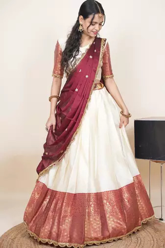 Beautiful South Indian Style Semi-Stitched Half Saree with Blouse and Rangoli Dupatta for Women