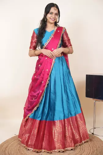 Beautiful South Indian Style Semi-Stitched Half Saree with Blouse and Rangoli Dupatta for Women