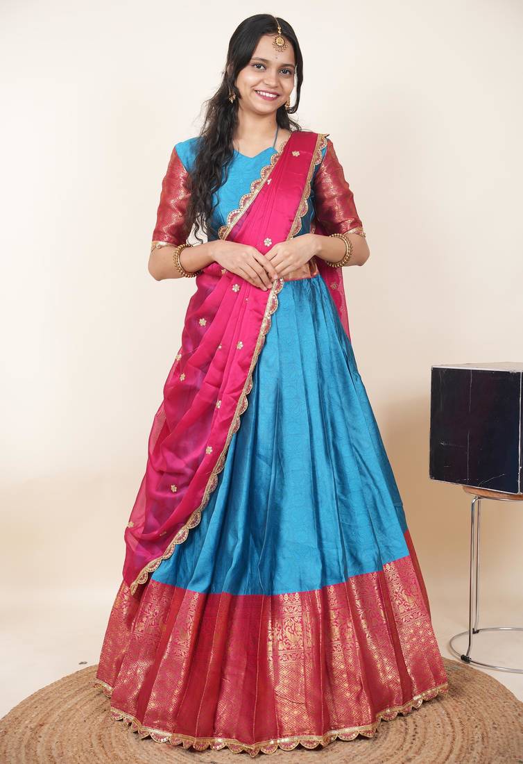 Beautiful South Indian Style Semi-Stitched Half Saree with Blouse and Rangoli Dupatta for Women