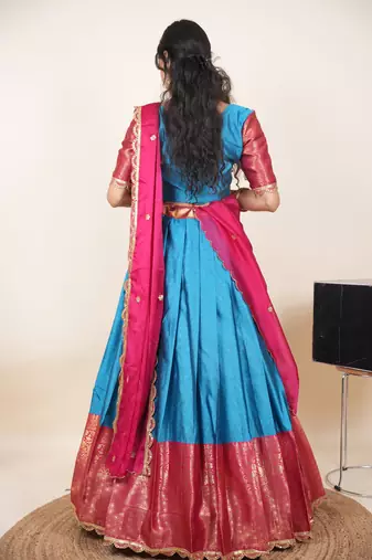 Beautiful South Indian Style Semi-Stitched Half Saree with Blouse and Rangoli Dupatta for Women