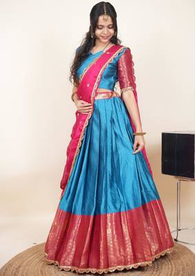 Beautiful South Indian Style Semi-Stitched Half Saree with Blouse and Rangoli Dupatta for Women 3