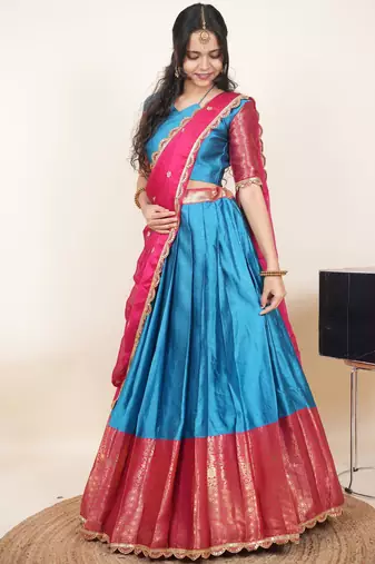 Beautiful South Indian Style Semi-Stitched Half Saree with Blouse and Rangoli Dupatta for Women