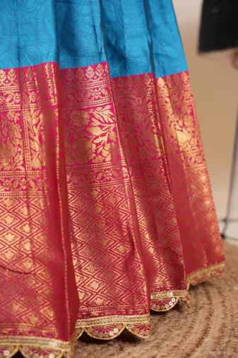 Beautiful South Indian Style Semi-Stitched Half Saree with Blouse and Rangoli Dupatta for Women