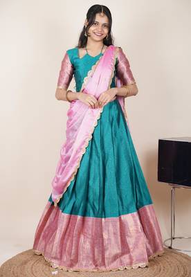 Beautiful South Indian Style Semi-Stitched Half Saree with Blouse and Rangoli Dupatta for Women 1