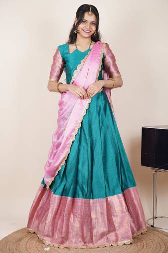 Beautiful South Indian Style Semi-Stitched Half Saree with Blouse and Rangoli Dupatta for Women