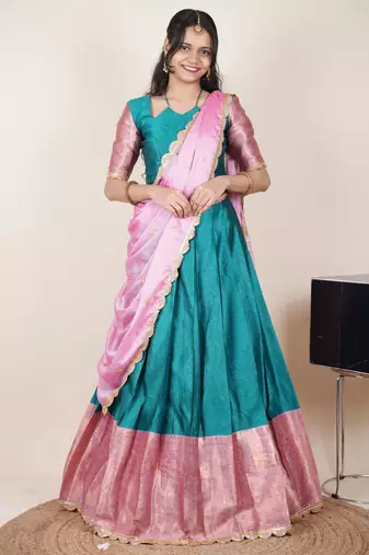 Beautiful South Indian Style Semi-Stitched Half Saree with Blouse and Rangoli Dupatta for Women
