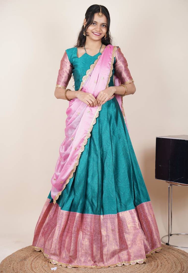 Beautiful South Indian Style Semi-Stitched Half Saree with Blouse and Rangoli Dupatta for Women