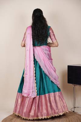 Beautiful South Indian Style Semi-Stitched Half Saree with Blouse and Rangoli Dupatta for Women 2