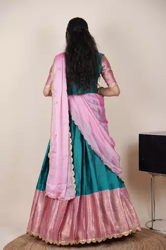 Beautiful South Indian Style Semi-Stitched Half Saree with Blouse and Rangoli Dupatta for Women