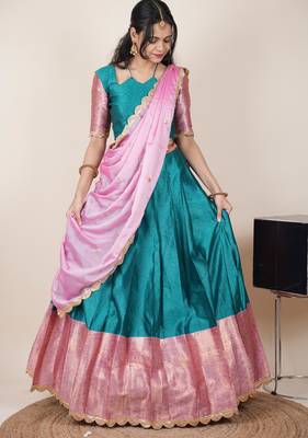 Beautiful South Indian Style Semi-Stitched Half Saree with Blouse and Rangoli Dupatta for Women 3