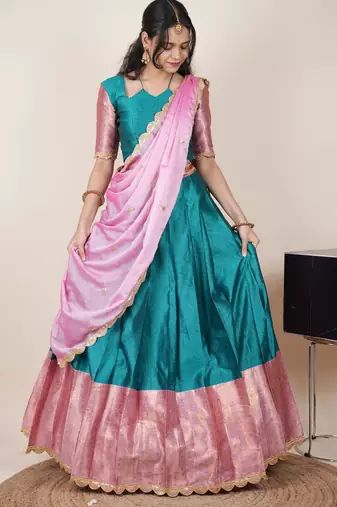 Beautiful South Indian Style Semi-Stitched Half Saree with Blouse and Rangoli Dupatta for Women