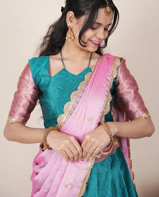 Beautiful South Indian Style Semi-Stitched Half Saree with Blouse and Rangoli Dupatta for Women 4
