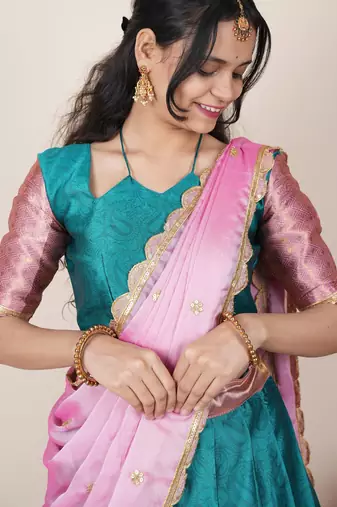 Beautiful South Indian Style Semi-Stitched Half Saree with Blouse and Rangoli Dupatta for Women
