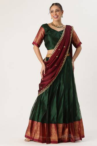 Beautiful South Indian Style Semi-Stitched Half Saree with Blouse and Rangoli Dupatta for Women