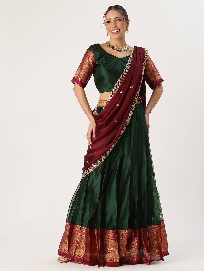 Beautiful South Indian Style Semi-Stitched Half Saree with Blouse and Rangoli Dupatta for Women