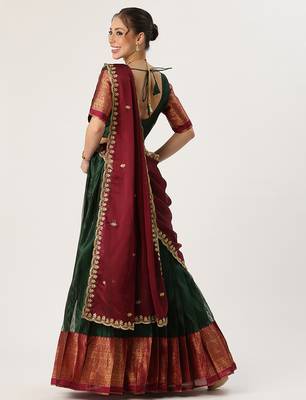 Beautiful South Indian Style Semi-Stitched Half Saree with Blouse and Rangoli Dupatta for Women 2