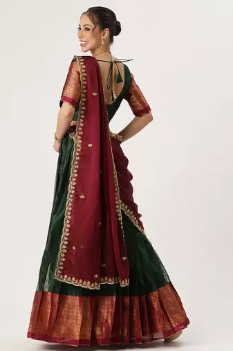 Beautiful South Indian Style Semi-Stitched Half Saree with Blouse and Rangoli Dupatta for Women