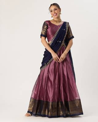 Beautiful South Indian Style Semi-Stitched Half Saree with Blouse and Rangoli Dupatta for Women 1