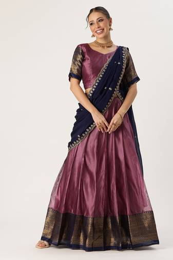 Beautiful South Indian Style Semi-Stitched Half Saree with Blouse and Rangoli Dupatta for Women