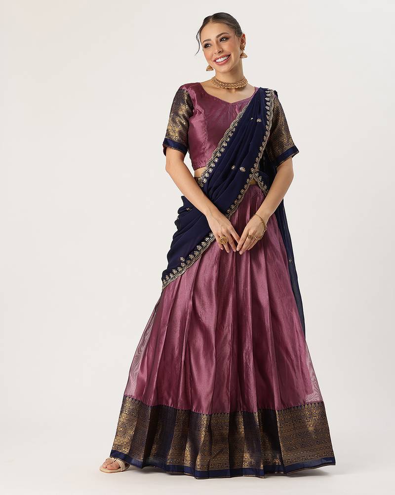Beautiful South Indian Style Semi-Stitched Half Saree with Blouse and Rangoli Dupatta for Women