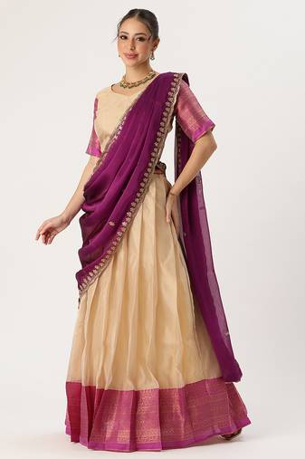 Beautiful South Indian Style Semi-Stitched Half Saree with Blouse and Rangoli Dupatta for Women