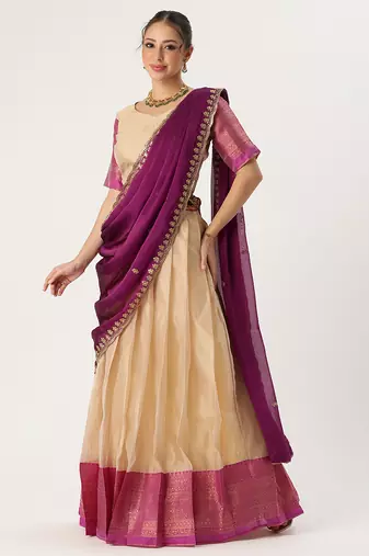 Beautiful South Indian Style Semi-Stitched Half Saree with Blouse and Rangoli Dupatta for Women