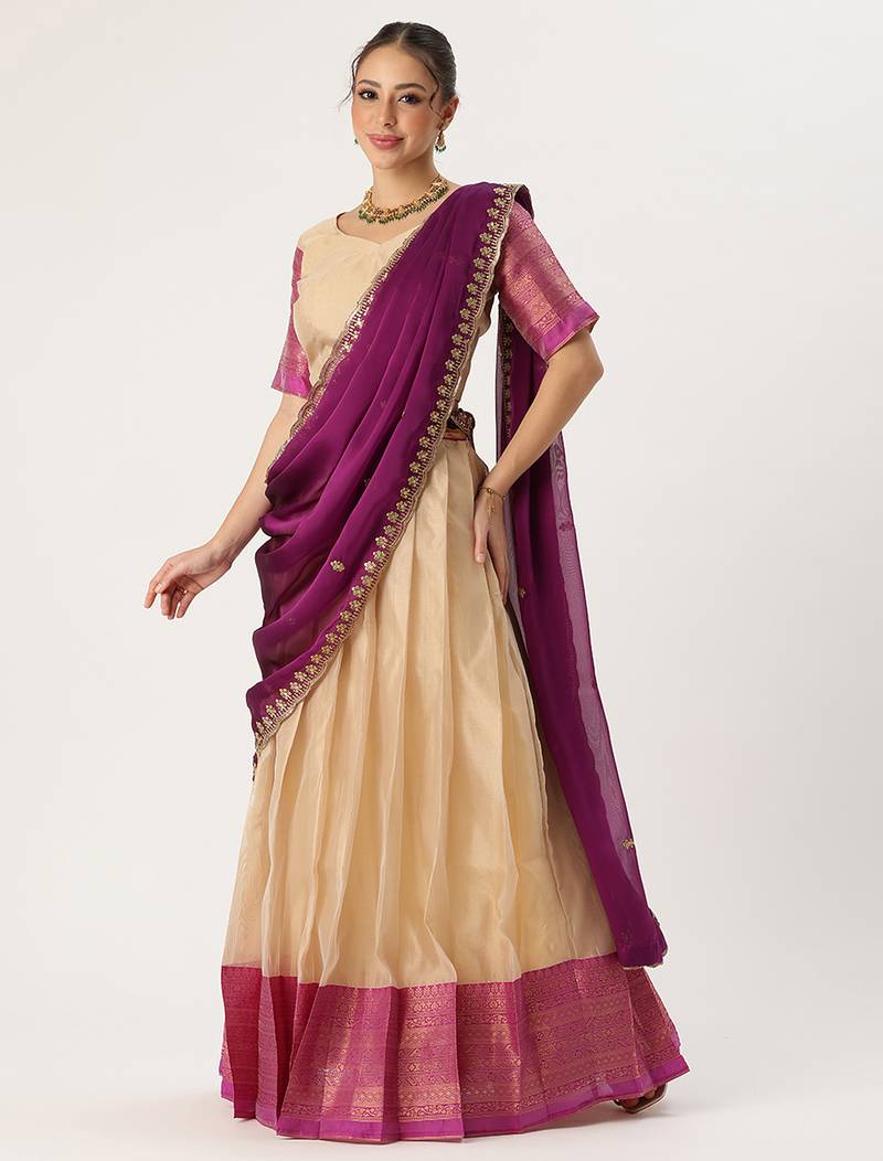 Beautiful South Indian Style Semi-Stitched Half Saree with Blouse and Rangoli Dupatta for Women