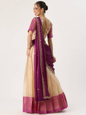 Beautiful South Indian Style Semi-Stitched Half Saree with Blouse and Rangoli Dupatta for Women 2