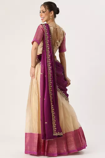 Beautiful South Indian Style Semi-Stitched Half Saree with Blouse and Rangoli Dupatta for Women