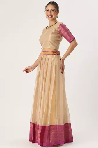 Beautiful South Indian Style Semi-Stitched Half Saree with Blouse and Rangoli Dupatta for Women